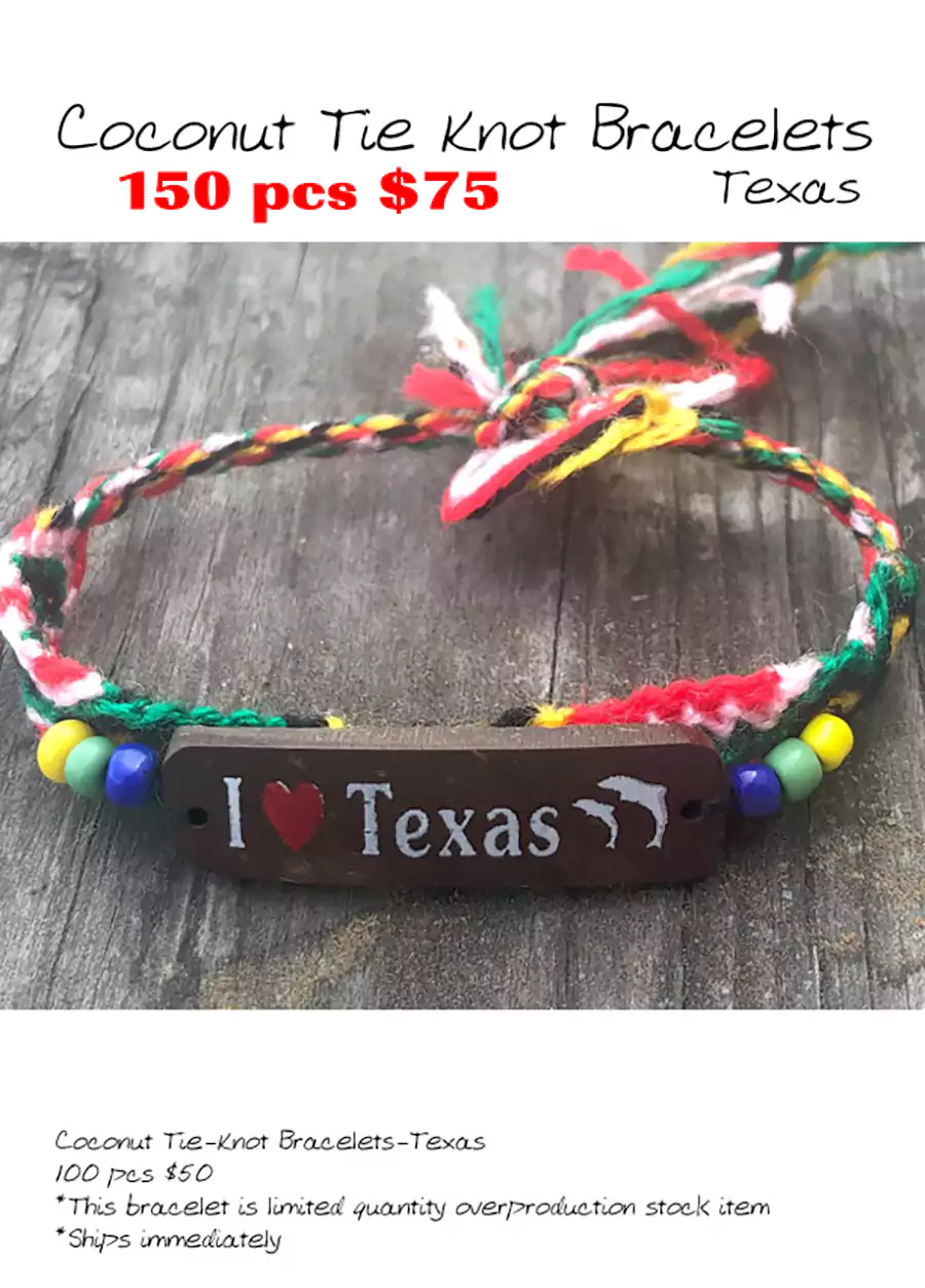 Coconut Tie Knot Bracelets-Texas - Closeout 150 Pcs.